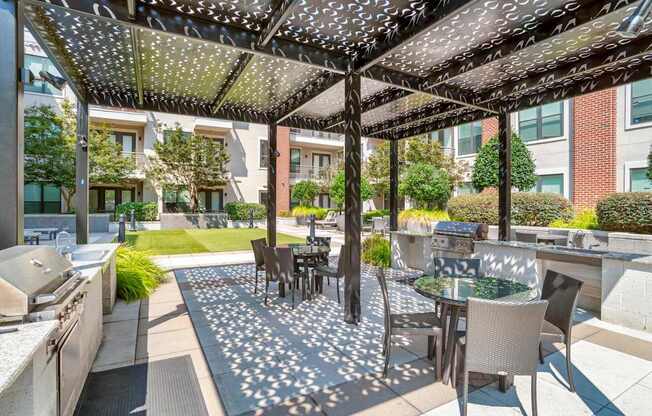A patio with a table and chairs under a canopy.