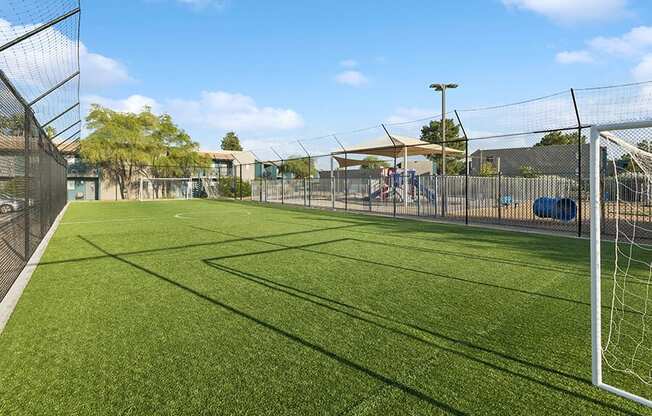 Community Soccer Field with Nets at Tanque Verde Apartments located in Tucson, AZ.