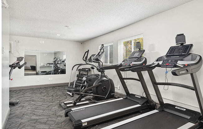 the gym in the home has cardio equipment and a large mirror