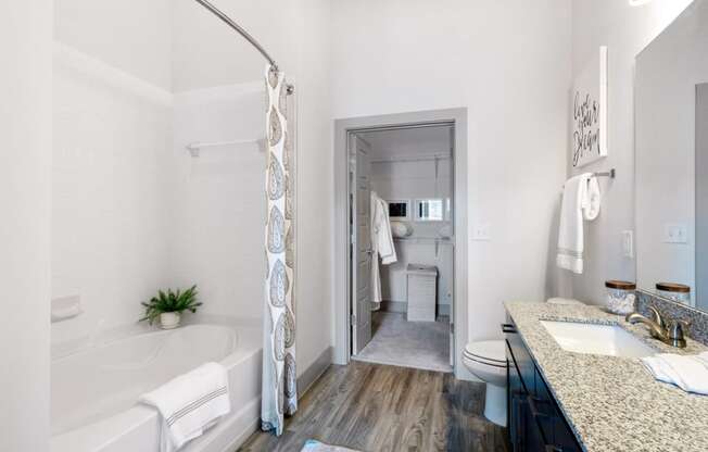 a bathroom with a tub and a sink and a mirror