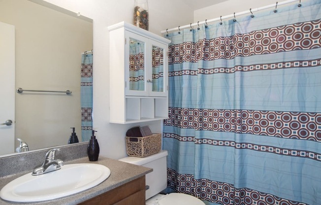 a bathroom with a shower and a sink and a toilet