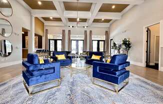 a living room with blue chairs and a rug