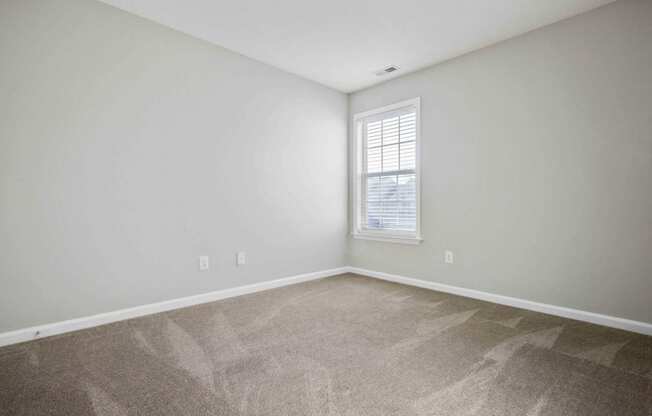 the spacious living room with carpeting and a window