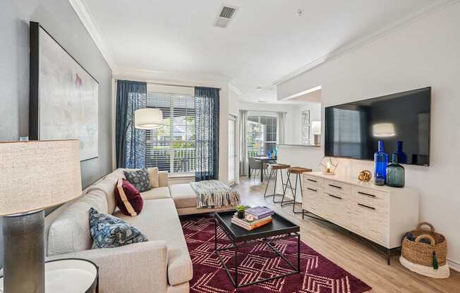 A living room with a couch, a coffee table, and a television.