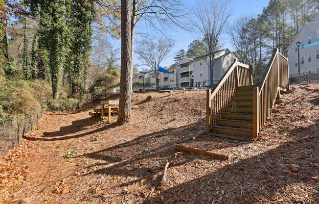 A wooded area with a tree and a wooden staircase.