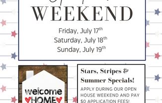 A poster advertises an Open House Weekend at Aspen at Lake Trail, featuring special summer specials.