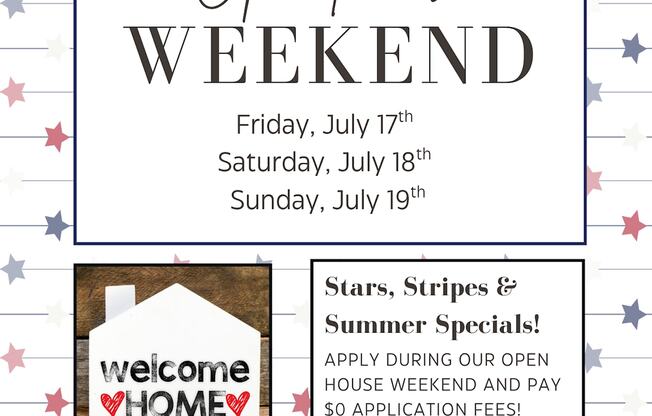 A poster advertises an Open House Weekend at Aspen at Lake Trail, featuring special summer specials.