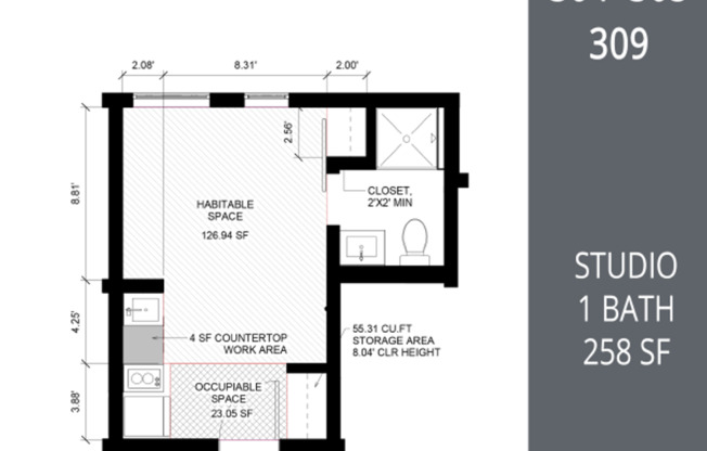 Studio, 1 bath, 256 sqft, $1,025, Unit B07