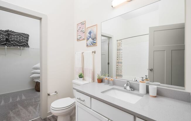 a bathroom with a large mirror and a toilet next to a sink