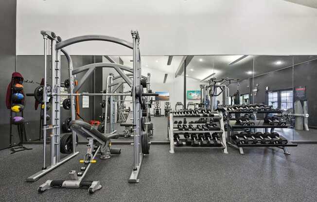 A gym with a variety of equipment including weights and a leg press machine.