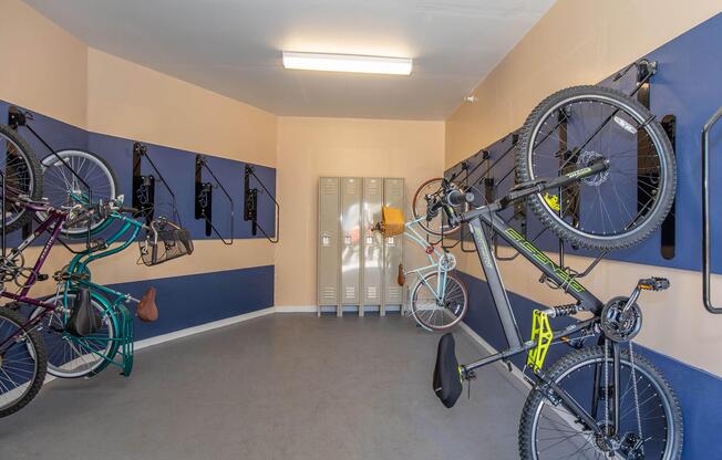 a bicycle parked on the side of the room