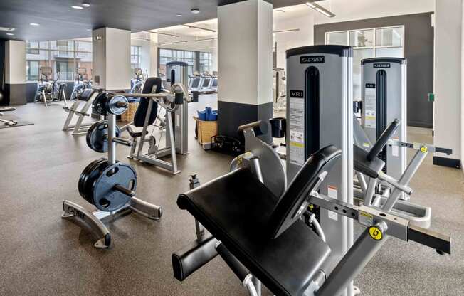 fitness center with strength training equipment