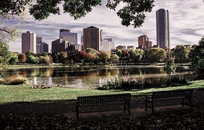 two park benches in front of a lake with a city in the background