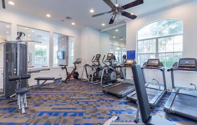 A gym with treadmills, exercise bikes, and other equipment.