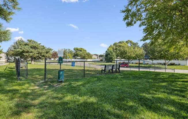 A park with a blue trash can and a picnic table.