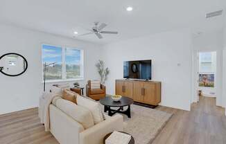 A living room with a couch, a coffee table, and a television.