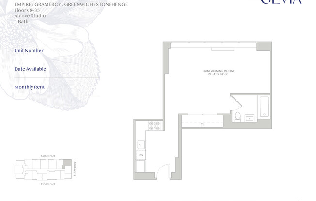Studio, 1 bath, 496 sqft, $3,785, Unit 20E