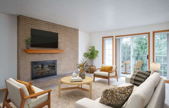 a living room with a fireplace and a sliding glass door