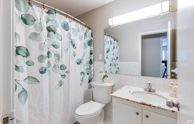 a bathroom with a shower curtain and a toilet and a sink