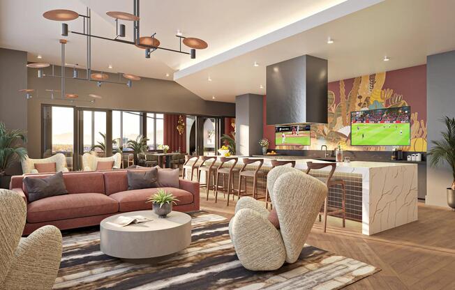 Rooftop lounge with demonstration kitchen, private dining room, comfortable seating, and sweeping views.