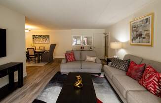 a living room with two couches and a coffee table