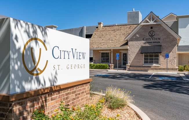 the city view sign in front of a building