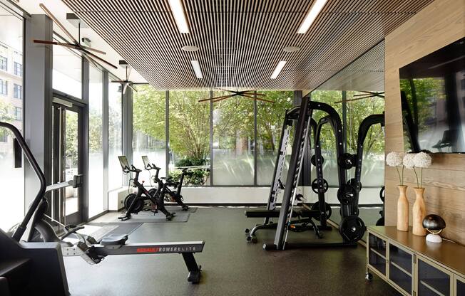 a gym with glass walls and a view of the outdoors