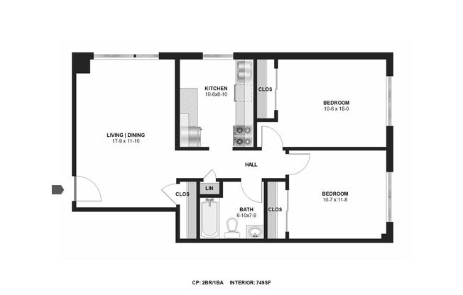 2 beds, 1 bath, 749 sqft, $1,100, Unit 105403