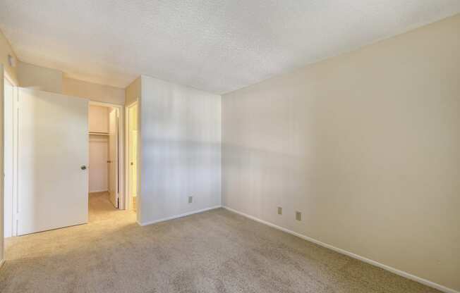 Empty apartment bedroom with white walls and plush carpeting through out.  