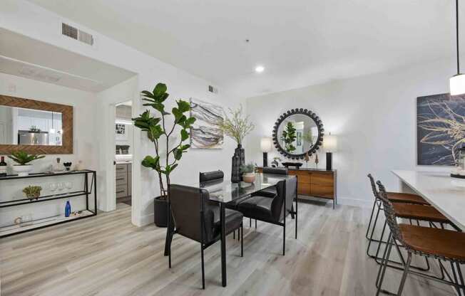 a formal dining room with a glass top dining table and black chairs