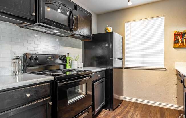 a kitchen with black appliances and a black refrigerator at Water Ridge, Texas, 75061