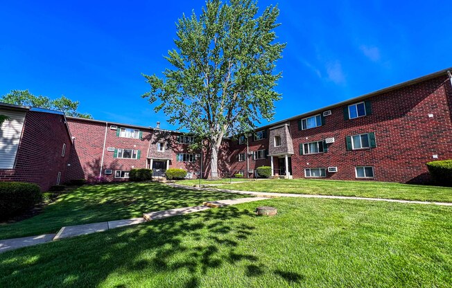 Brick apartment building with a large tree and sidewalks in front of it