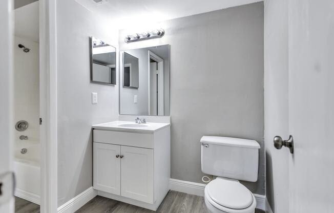 a bathroom with a toilet sink and mirror