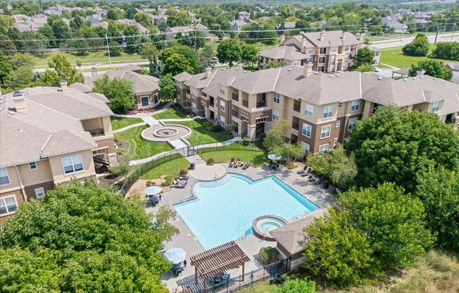 Aerial Pool View at Stonepost Lakeside Apartment Homes, Olathe