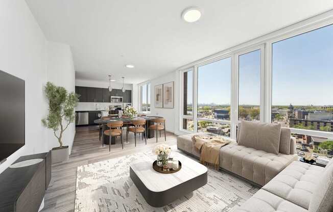 A modern living room with a view of the city.