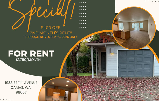 Quaint 2B/2Ba Townhome in Desirable Camas! Holiday Move-In Special!