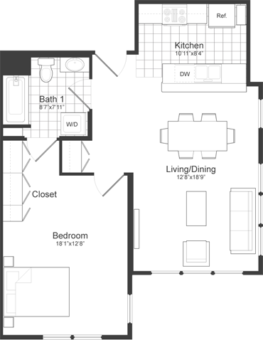 1 bed, 1 bath, 758 sqft, $3,200