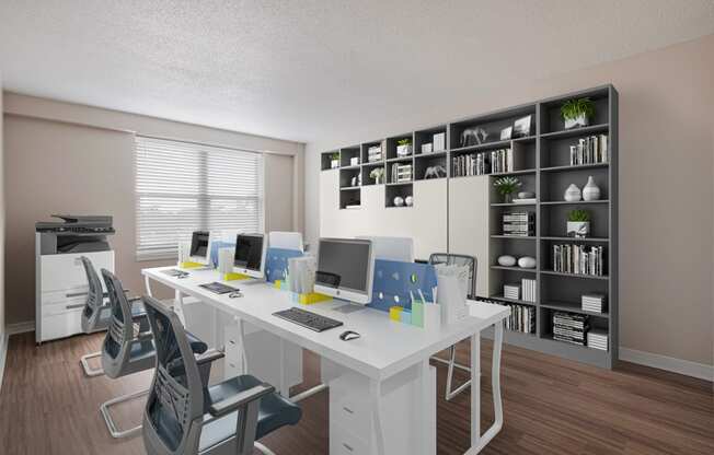 Home office with a white desk and chairs  at Esplaat City Park, New Orleans, Louisiana