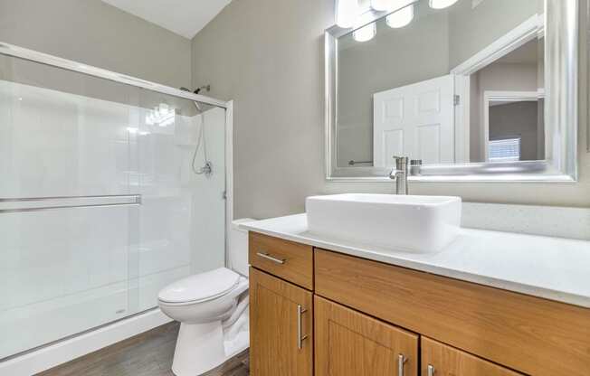 a bathroom with a sink toilet and a shower