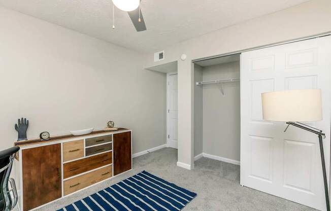 A room with a white door, a brown cabinet, and a blue rug.