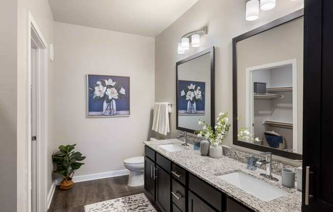 a bathroom with two sinks and a mirror