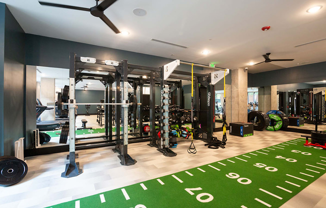 a gym with weights machines and a green rug on the floor