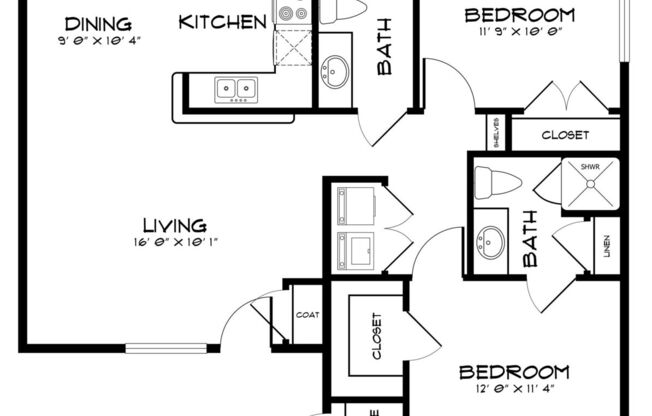 2 beds, 1 bath, 975 sqft, $1,108