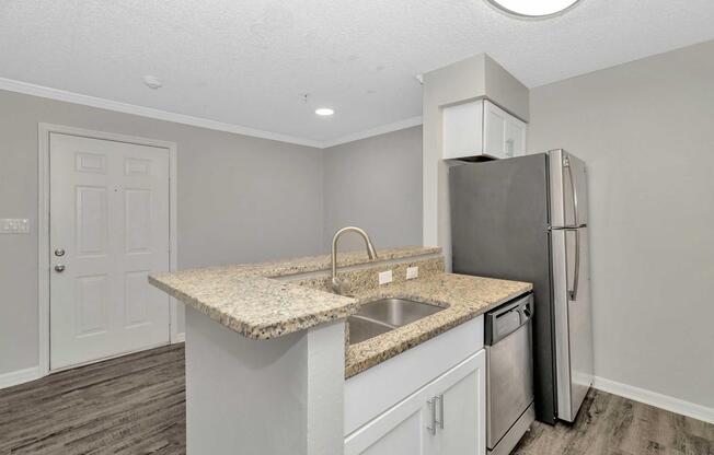 Modern kitchen with granite countertop, stainless steel appliances, and a sink. The room features light-colored walls, wood-like flooring, and a door leading outside. Bright overhead lighting illuminates the space, enhancing the contemporary vibe of the kitchen area.