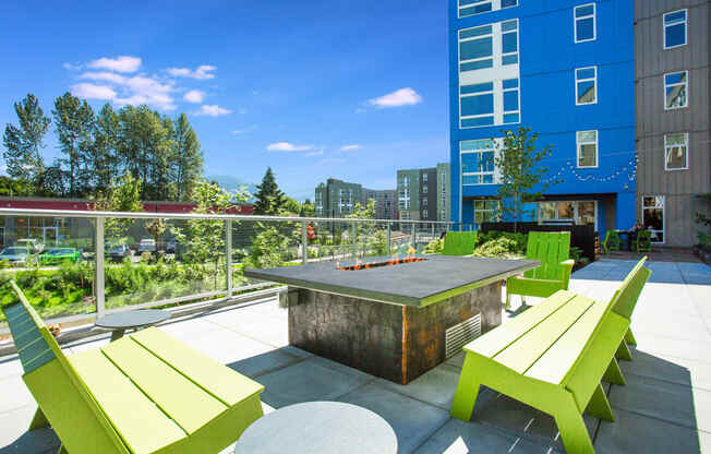 Issaquah WA Apartments for Rent-Atlas Apartments Courtyard With Fire Pit And Seating Areas With Surrounding Views