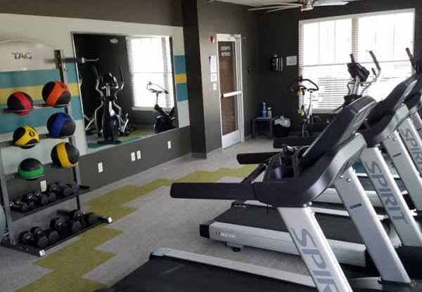 a gym with treadmills and weights in a home gym