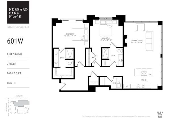 2 beds, 2 baths, 1,410 sqft, $3,950, Unit 601W