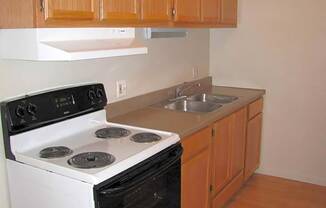 Kitchen with electric stove and double sink