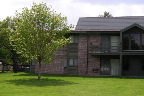 a brick house with a tree in the grass