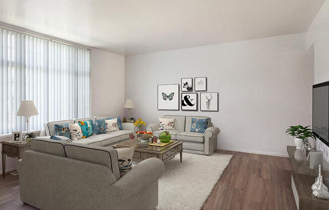 Townhome living area with floor to ceiling windows